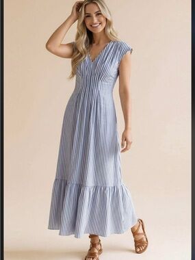 Striped V-Neck Blue & White Maxi Dress